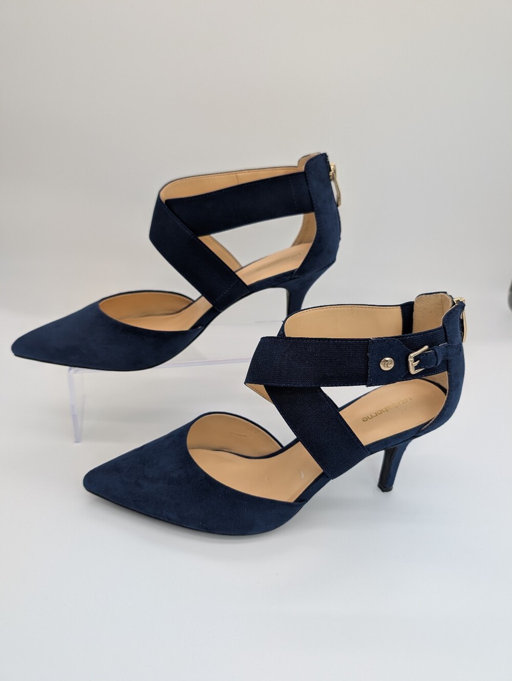Liz Claiborne Keegan Navy Blue Suede Crossover Strap Stiletto Heels EUC - Picture 5 of 10